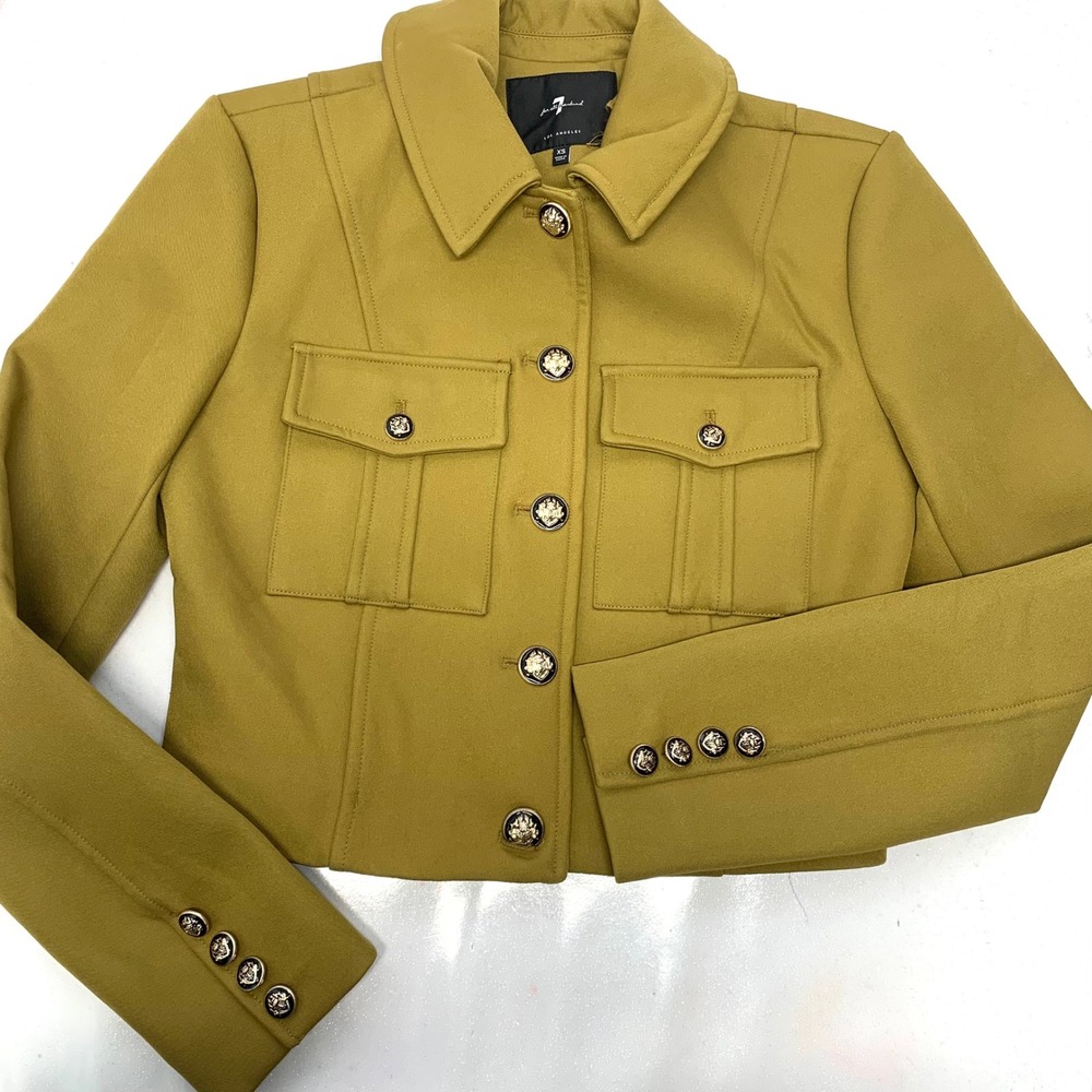 7 For All Mankind Womens Cropped Military Jacket Mustard Yellow Crest Button XS